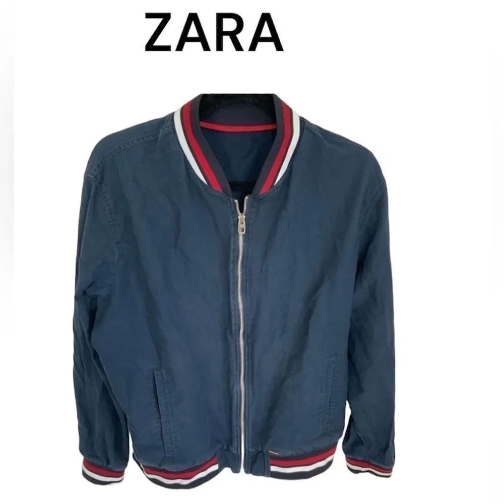Zara Men's Blue Cotton Full-Zip Long Sleeve Bomber Jacket Red/White Trim Size XL